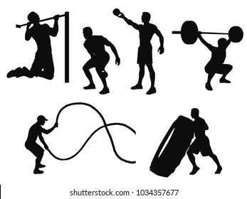 Silhouettes of man working out and crossfit training with different equipment isolated on white.