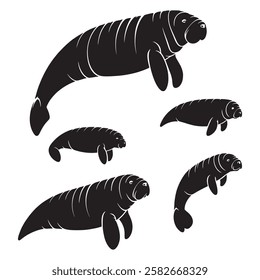 Silhouettes of Manatees in a Set . Dark level variety basic exquisite white foundation Manatee animal vector and silhouette icon.