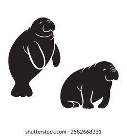 Silhouettes of Manatees in a Set . Dark level variety basic exquisite white foundation Manatee animal vector and silhouette icon.