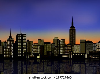 silhouettes manhattan, new york city ,cityscape and light from building windows under blue sky background(vector)