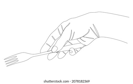 Silhouettes of a man's hand holding a fork in a modern one line style. Continuous line drawing, aesthetic outline for home decor, posters, wall art, stickers, logo. Vector illustration.