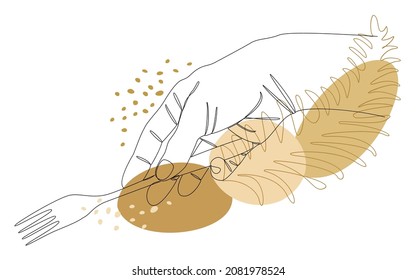 Silhouettes of a man's hand holding a fork in a modern one line style and plant leaves. Continuous line drawing, aesthetic outline for decor, posters, stickers, logo. Vector illustration.