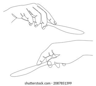 Silhouettes of a man's hand holding a knife in modern one line style. Continuous line drawing, aesthetic outline for home decor, posters, wall art, stickers, logo. Vector illustration.