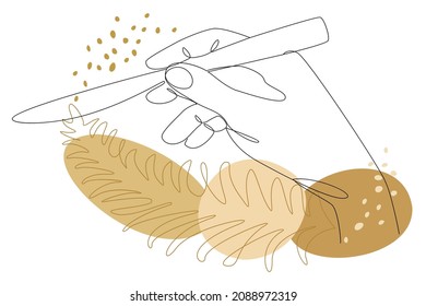 Silhouettes of a man's hand holding a knife and plant leaves in modern one line style. Continuous line drawing, aesthetic outline for home decor, posters, wall art, stickers, logo. Vector illustration