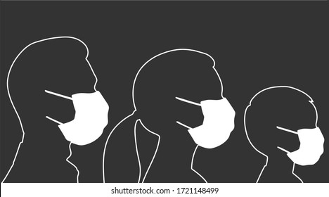 Silhouettes Of A Man,woman And Child In A Medical Mask. People In Profile. Respiratory Protection Concept. Vector Illustration