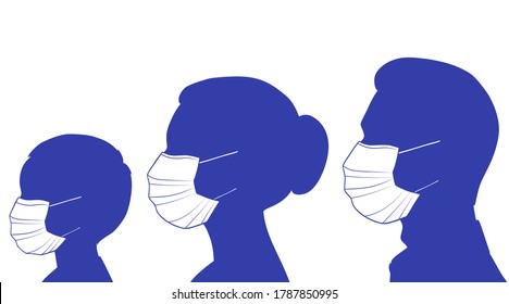 Silhouettes Of A Man,woman And Child In A Medical Mask. People In Profile. Respiratory Protection Concept. Vector Illustration