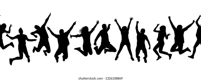 Silhouettes of many different jumping people, seamless pattern. Isolated on white background.