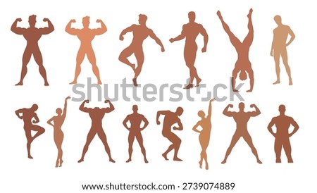 Silhouettes of many men performing different fitness exercises and bodybuilding movements