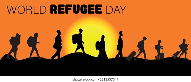 Silhouettes of many people with luggage. Banner for World Refuge