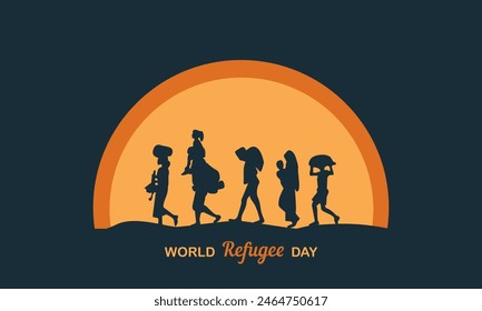 Silhouettes of many people with luggage. Banner for World Refuge Day , flat vector illustration .