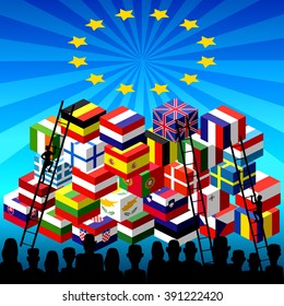 Silhouettes many refugees boxes mountain with a EU flag. People on the stairs to climb the wall. Social issues on illegal immigrants.