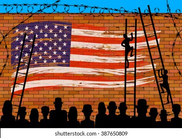 Silhouettes Many Refugees On A Border Wall With A USA Flag. People On The Stairs To Climb The Wall. Social Issues On Illegal Immigrants.