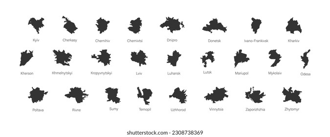 Silhouettes of maps of Ukrainian cities. Set of black icons: Kyiv, Lviv, Odesa, Dnipro, etc. Isolated vector illustration