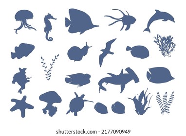silhouettes of marine life and ocean inhabitants, as well as aquatic plants on a white background
