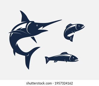 silhouettes of marlin and salmon, icon for fishing