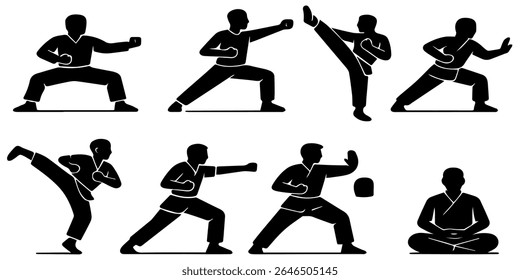 Silhuetas de artistas marciais realizando diferentes técnicas, enfatizando disciplina, controle e flexibilidade. Ideal para representar força, foco e a arte da autodefesa