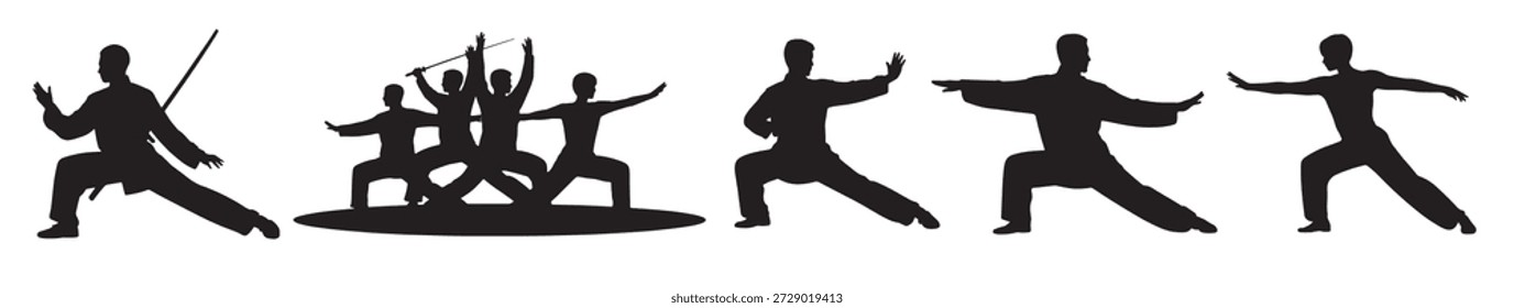 Siluetas de artistas marciales practicando varios combates 