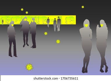 Silhouettes of masked standing people. Coronovirus concept.