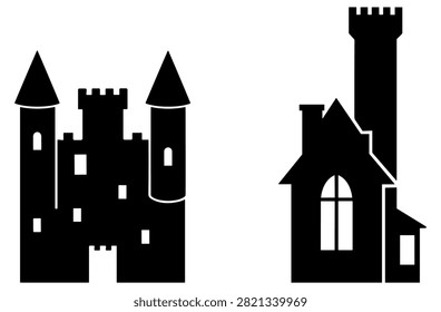 silhouettes of medieval castle and house with tower vector illustration on transparent background
