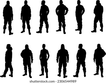 silhouettes of men in boots and in work uniforms, black on a white background, clipart
