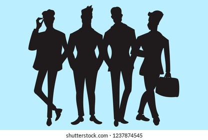 Silhouettes Men in business suits in different positions. Set of businessmen. Teamwork.