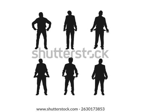 Silhouettes of men with empty pockets. Silhouette of Man with Empty Pockets Isolated on White. A set of broke businessmen isolated. vector illustration design on a white background.
