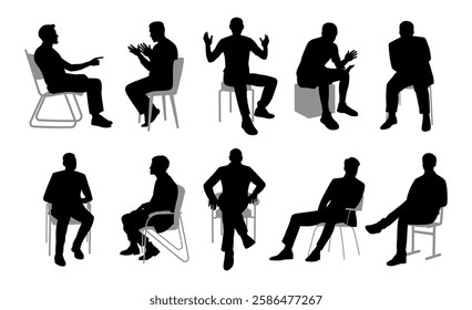 Silhouettes of men engaging in various postures and gestures in a minimalistic setting with chairs and stools