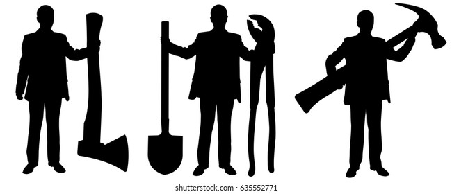 silhouettes of men holding big tools