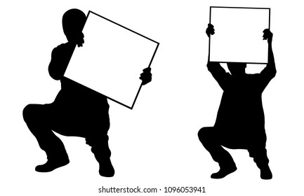 silhouettes of men holding panels in a crouch position