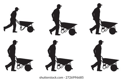 Silhuetas de homens empurrando carrinhos de mão vazios, andando.
