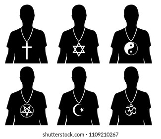 silhouettes of men with religious symbols