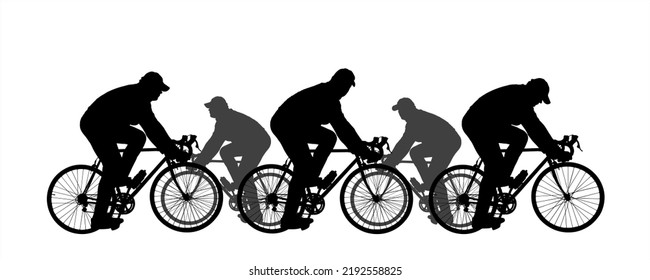 Silhouettes of men riding a bicycle. Race. Traffic, traffic jams, alternative vehicle. The flow of cyclists from left to right and vice versa - from right to left. Black silhouette isolated on white