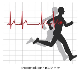 silhouettes of men running and exercising with heart rate 