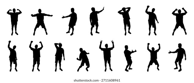 Silhouettes of men a set celebrating, cheering, and expressing joy with various poses. Vector illustration