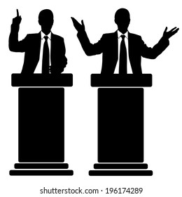 silhouettes of men speaking from tribune