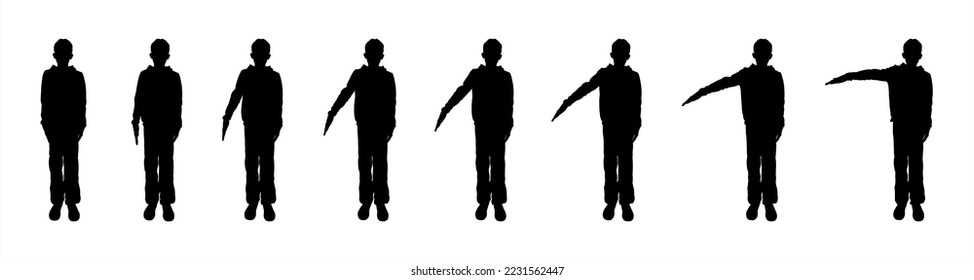 Silhouettes of men standing, different poses, groups of people, black color, isolated on white background. The teenager stands straight and raises or lowers one hand up. Boy silhouette set, front view