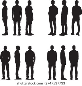 Silhouettes of men standing in different poses, front and side views.