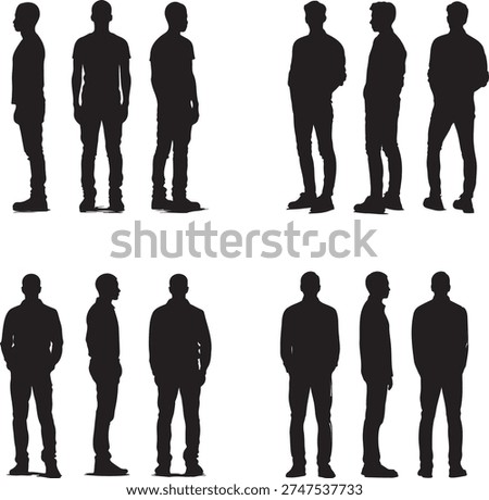 Silhouettes of men standing in different poses, front and side views.