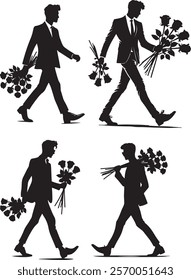 Silhouettes of men in suits carrying bouquets of flowers, symbolizing elegance, romance, and timeless charm.