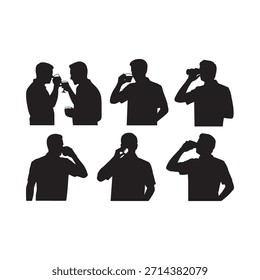 Siluetas de hombres en varias poses bebiendo, observando y gesticulando