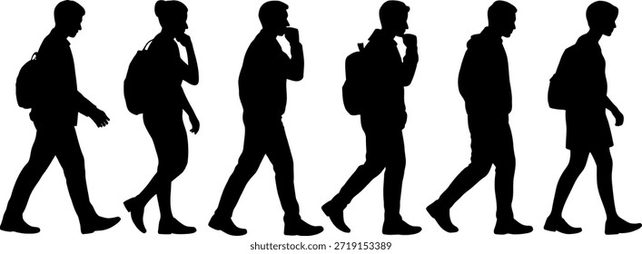 Siluetas de hombres caminando con mochilas en varias posturas