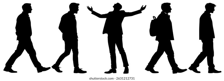 Silhouettes of Men Walking and Standing – Vector Illustration of Male Poses, Motion, and Expression in Black and White for Business and Lifestyle Concepts

