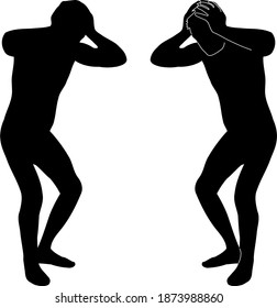 Silhouettes of a men who are clutching their head with his hands. Complete failure, the collapse of hopes concept. Vector illustration of men with headache, black on white background isolated.