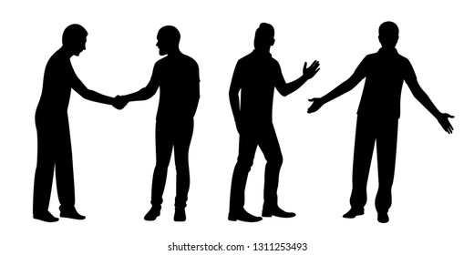 Silhouettes of men who meet, say goodbye, shake hands. Vector illustration. Isolated black silhouettes of people on white background.
