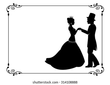silhouettes of men and women in ancient costumes in vintage frame