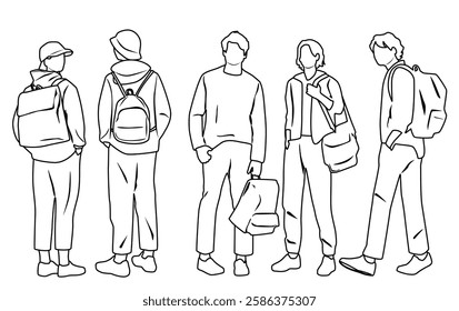 Silhouettes of men and women with backpacks, group standing business people, vector, linear sketch, hand draw, front and back view, black and white colors isolated on white