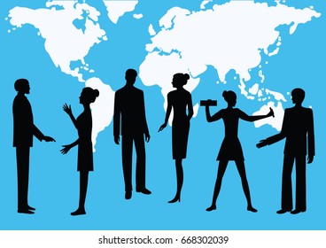 Silhouettes of men and women - colleagues, co-workers, against the background of the world map - blue background - art, creative, modern vector illustration