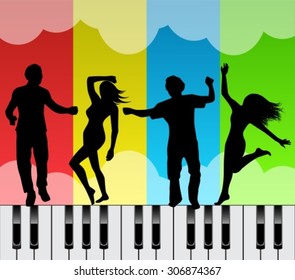 Silhouettes of men and women dancing on the keys of a piano on the bright multicolored background
