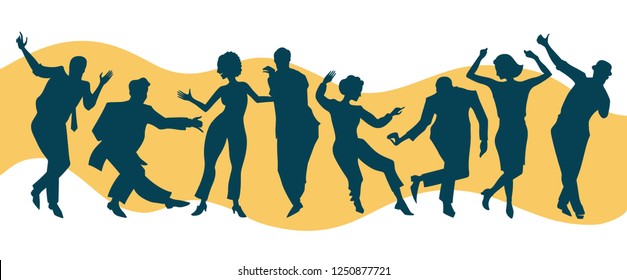 Silhouettes of men and women dancing swing or lindy hop in different poses. Vector illustration