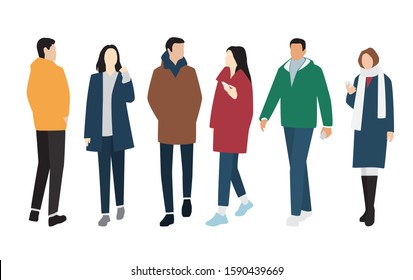 Silhouettes Of Men And Women Of Different Colors, Cartoon Character, Group Of Standing And Waiking Business People, Flat Icon Design Concept Isolated On White Background